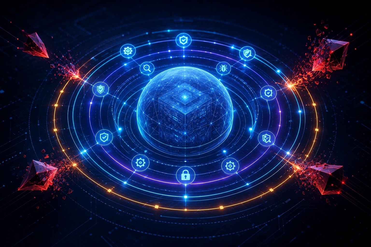 Conceptual illustration of a digital immune system protecting enterprise software applications with automated security scanning, DevSecOps workflows, AI monitoring, and layered cybersecurity defenses.