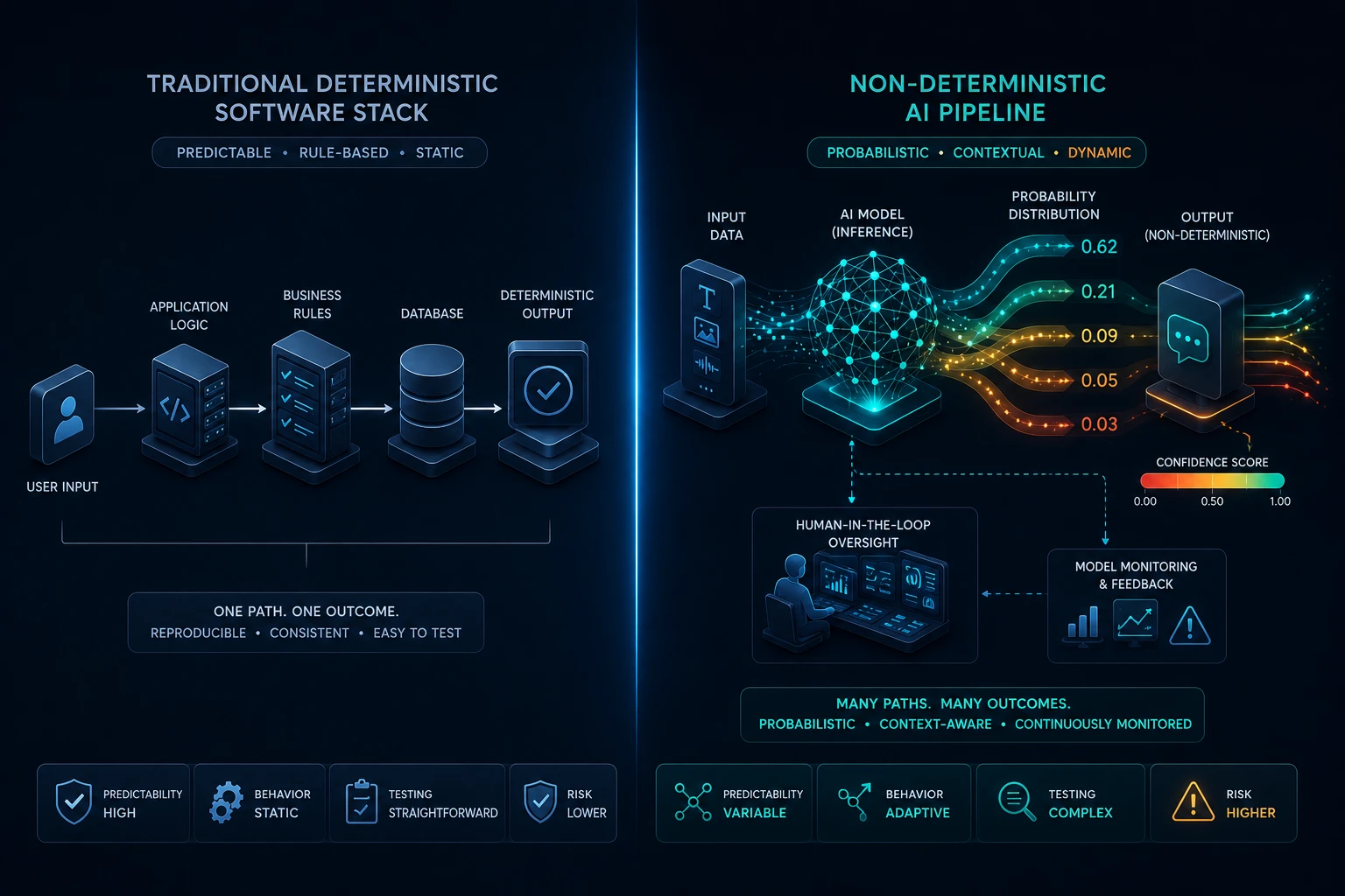 Isometric AI governance compliance workflow showing data ingestion, model inference, guardrail verification, and human-in-the-loop review aligned with the NIST AI Risk Management Framework and the EU AI Act.