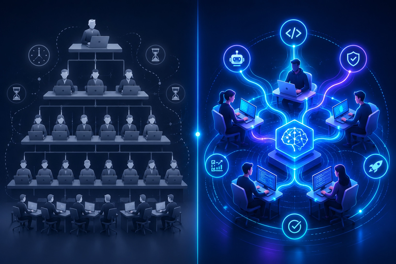 Split-screen infographic comparing a traditional hierarchical IT staffing model with an AI-augmented engineering pod, highlighting faster software delivery, automation, and AI-powered collaboration.