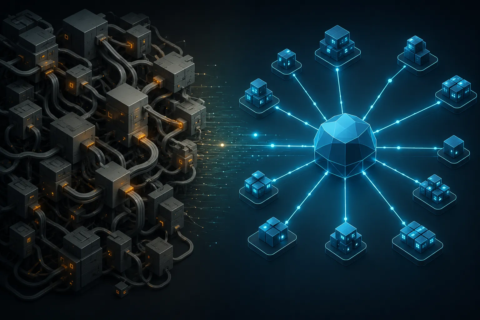 Split illustration comparing a legacy monolithic batch data architecture with a modern API-first data pipeline featuring a centralized gateway and distributed microservices for AI-SaaS readiness.