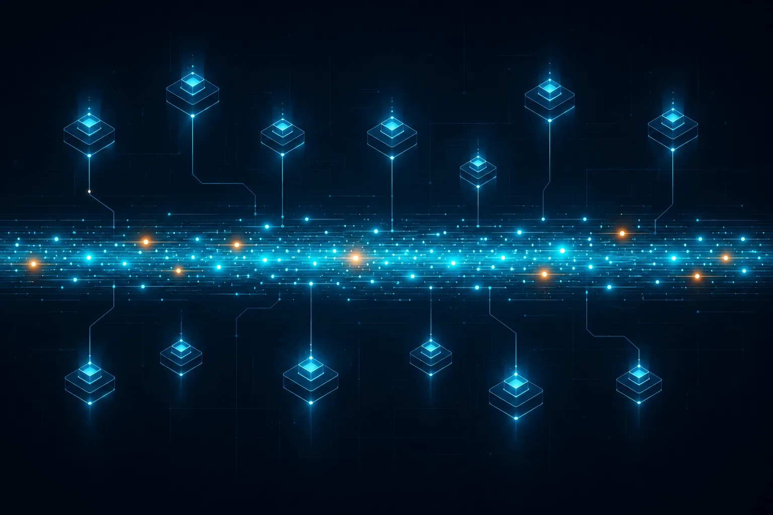 Abstract illustration of a real-time event streaming backbone showing continuous data events flowing through a central stream with distributed service nodes consuming updates for AI-ready enterprise data pipelines.