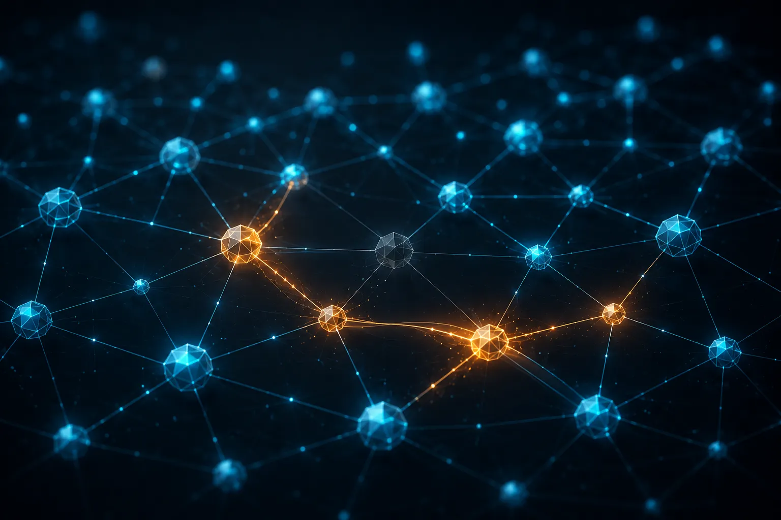 Abstract illustration of a self-healing data mesh with interconnected distributed nodes automatically rerouting data around a failed node to maintain resilient AI-ready enterprise data pipelines.