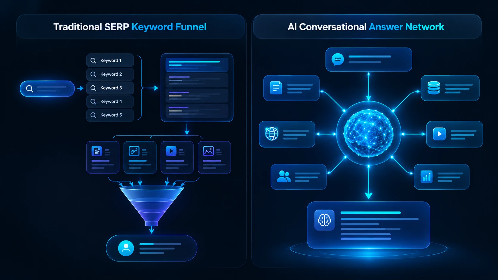 Infographic comparing a traditional SERP keyword funnel with an AI conversational answer network for B2B generative engine optimization.