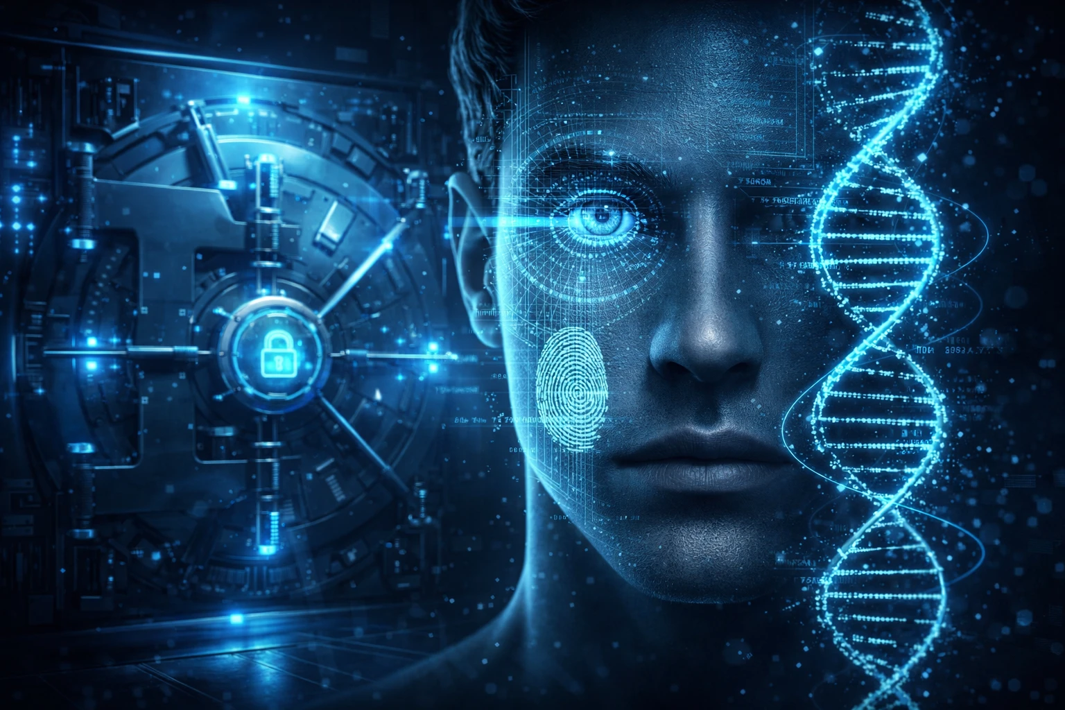 A high-tech biometric face scan with multiple data layers representing zero-trust security architecture.