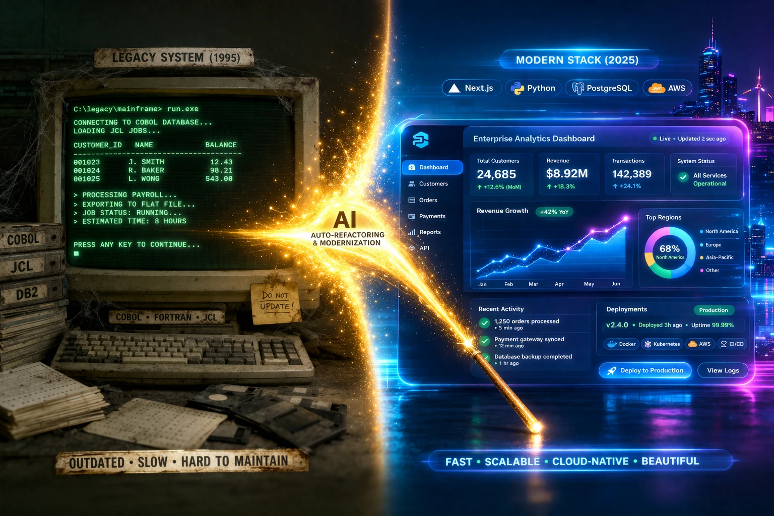 A split-screen showing a legacy COBOL system transforming into a modern Next.js and Python dashboard using AI.