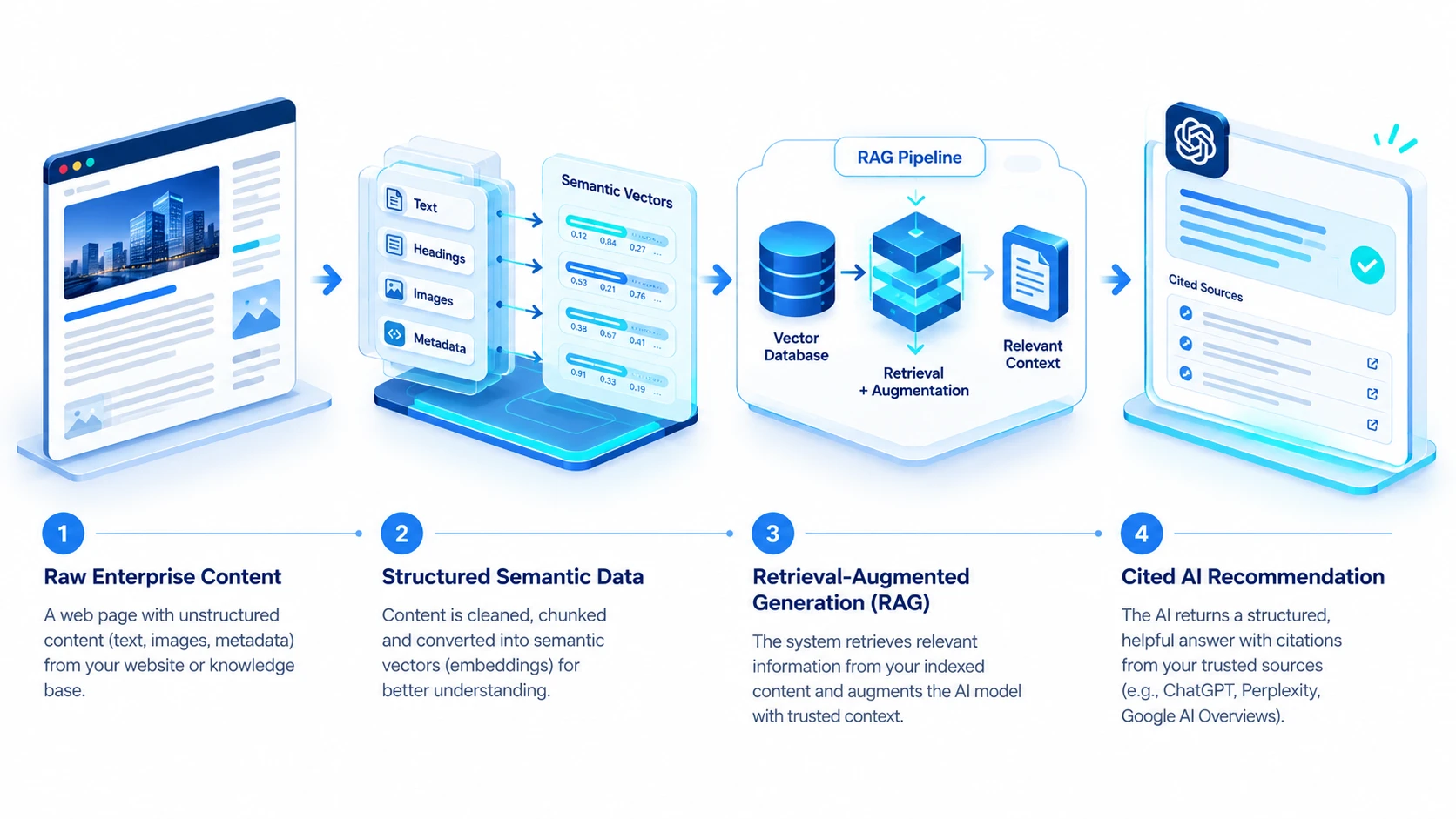 Step-by-step conceptual diagram of the RAG pipeline converting enterprise content into semantic vectors and generating a cited AI search recommendation.